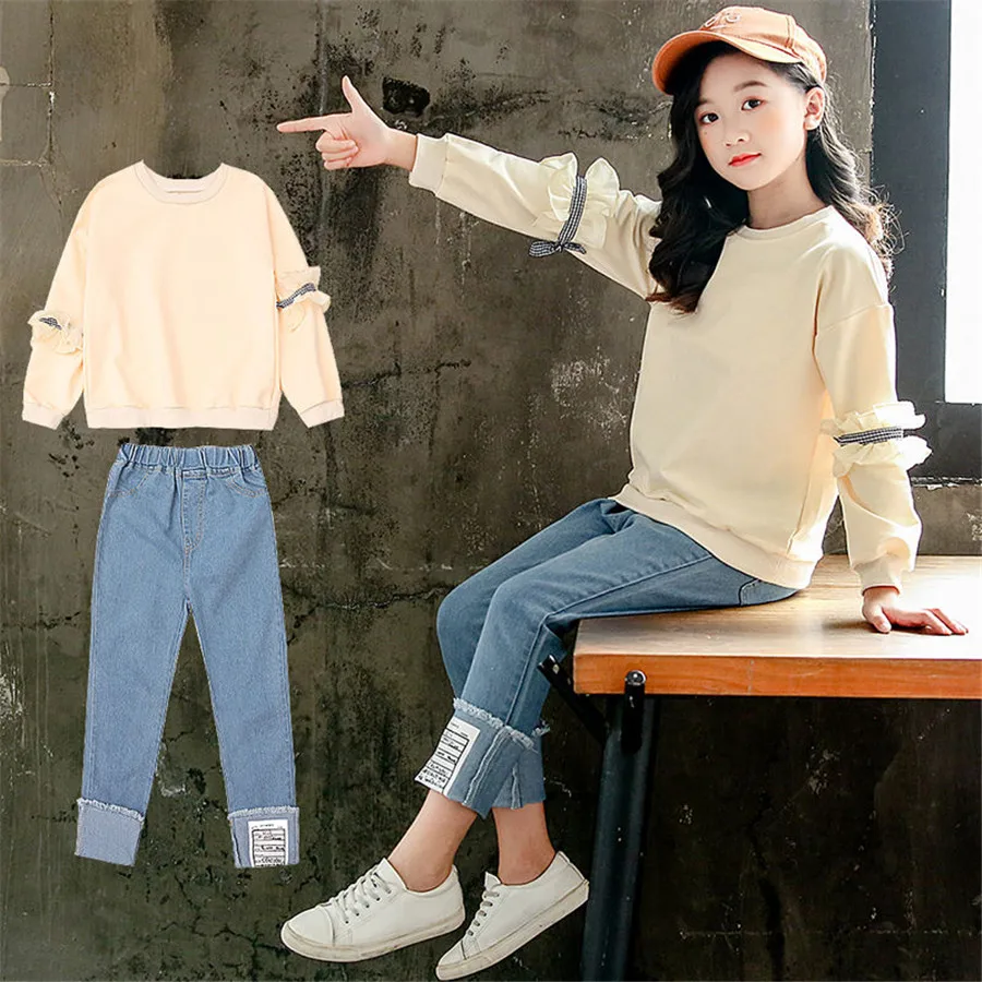 

Спортивный костюм для девочек-подростков, толстовка с надписью + джинсы, Осень-зима