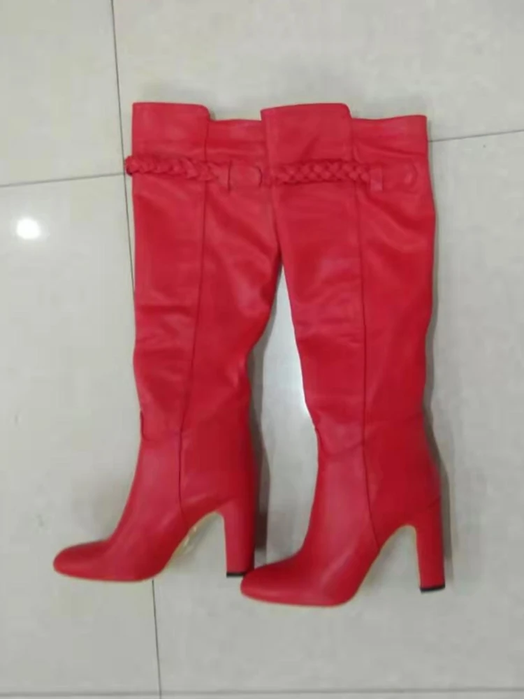 

Braid Women Knee High Boots Square Toe Block Heel Runway Party Winter Shoes Sexy Red Custom Made Manufacturer New Arrival Boots