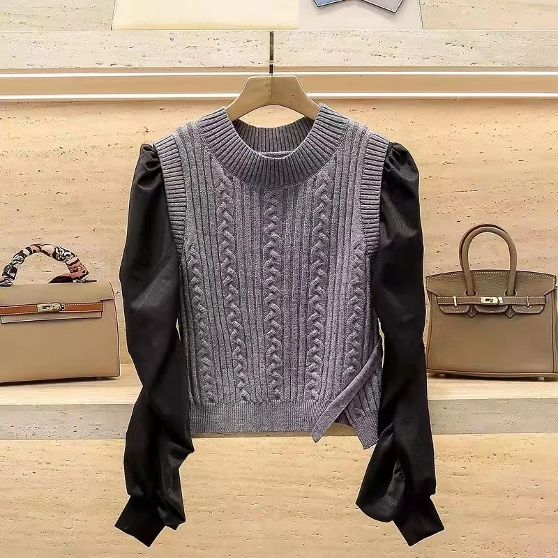 New 2022 Spring Autumn Pullovers & Sweaters High Quality Women Twist Knitting Patchwork Long Sleeve Casual Grey Jumper Tops