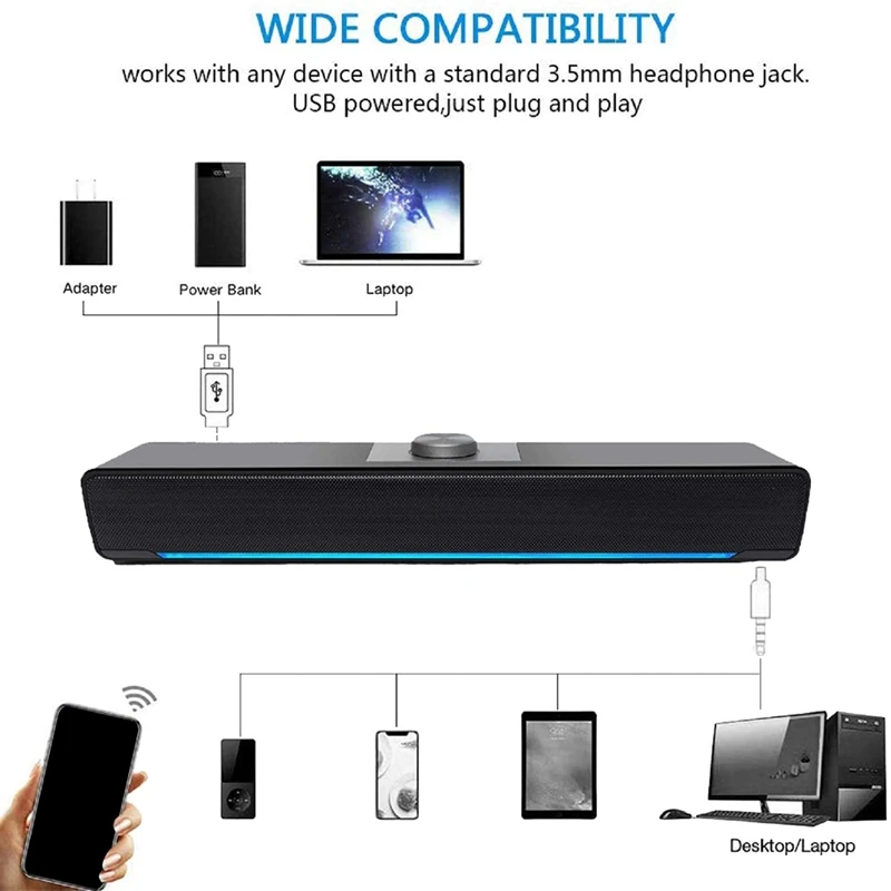 Колонки для ПК компьютерные колонки проводная звуковая панель USB светодиодные с
