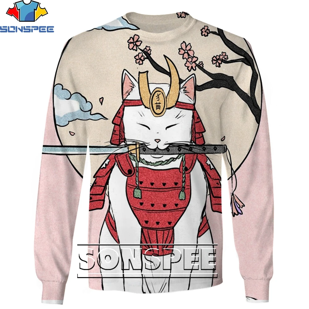 

SONSPEE 3D Printing Japanese Samurai Cat Casual Loose Round Neck Sweatershirt Men and Women Trend Personality Harajuku Style