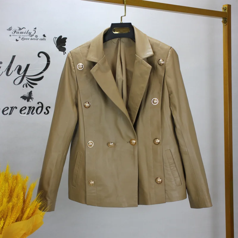 

Hot Fashion Women's Buttons Leather Blazers jackets Spring Autumn High Quality Genuine Leather coat C916