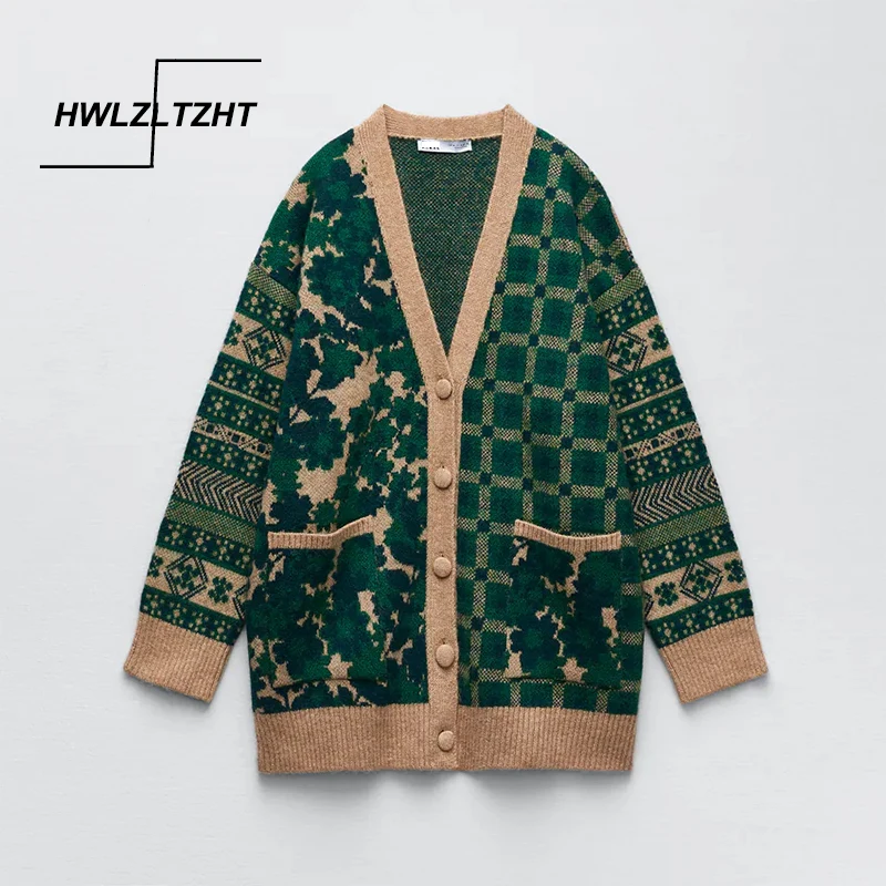

Винтажный Зеленый жаккардовый вязаный кардиган HWLZLTZHT с цветочным принтом, вязаное пальто с длинным рукавом и V-образным вырезом, женские зим...
