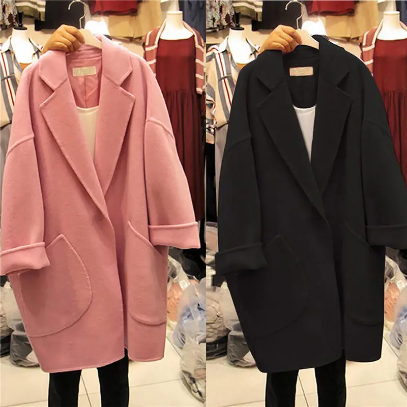 

New Autumn Winter Women Wool Coat Long Sleeve Long Loose Blends Outwear Plus Size Lapel Woolen Jacket Elegant Ladies Trench f156