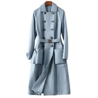 womens fashion double breasted sheepskin coat medium long windbreaker with belt high quality soft autumn blue leather jacket