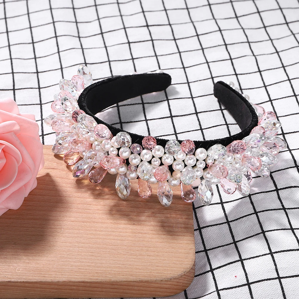 Vedawas Multi-Color Gem Baroque Headbands Women Diamond Hair Accessories Pearl Headband Girls Crown Flower Hairbands Head Wrap