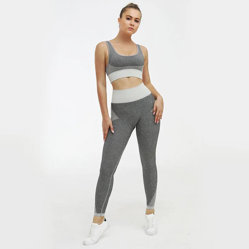 

2 PCS Contrast Color Knitted Seamless Yoga Set Sport Bra Long Pants Fitness Workout Clothing Gym Outfits Elastic Tracksuits 2021