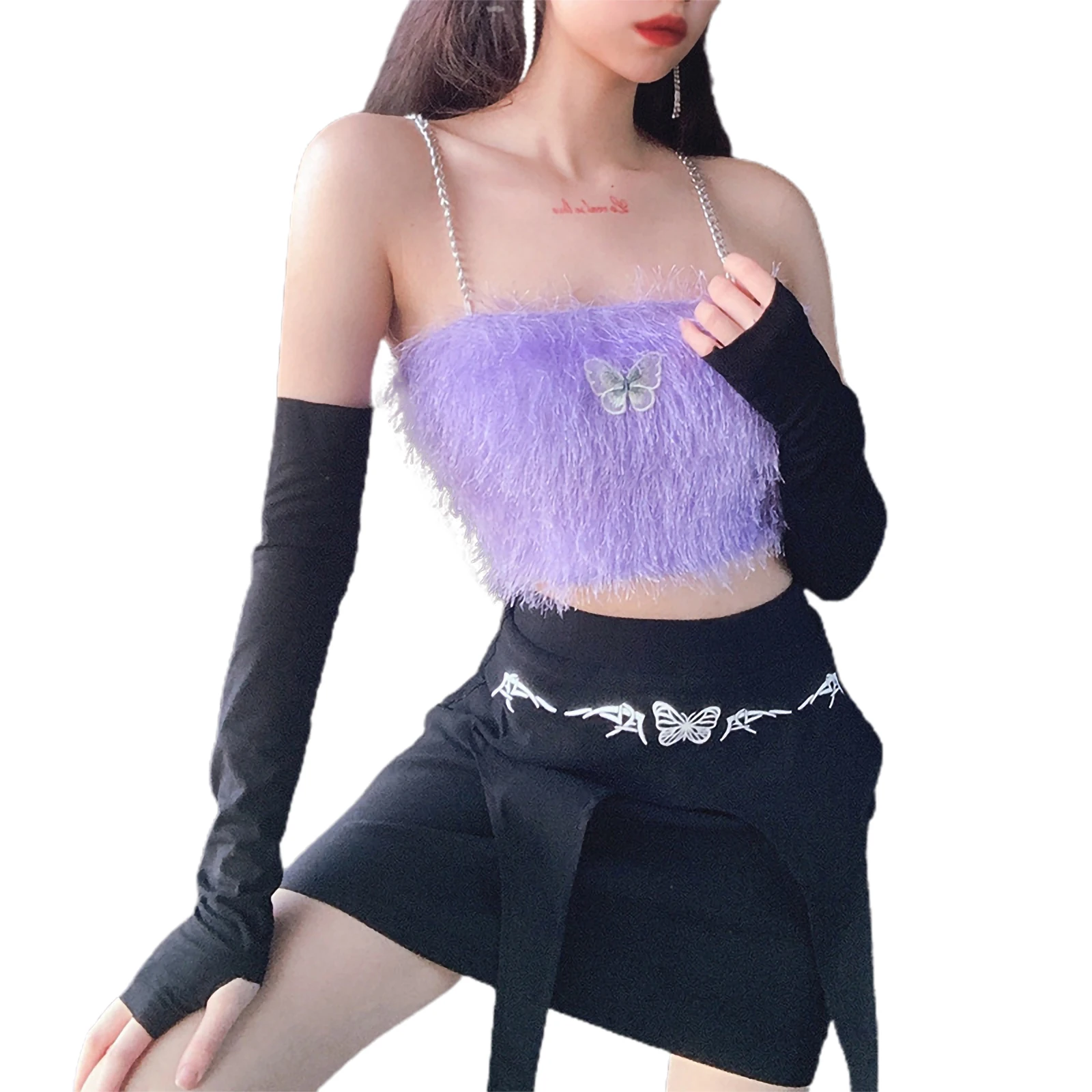 

Women's Sexy Crop Cami Top, Trendy Chain Strap Sleeveless Backless 3D Butterfly Fuzzy Camisole