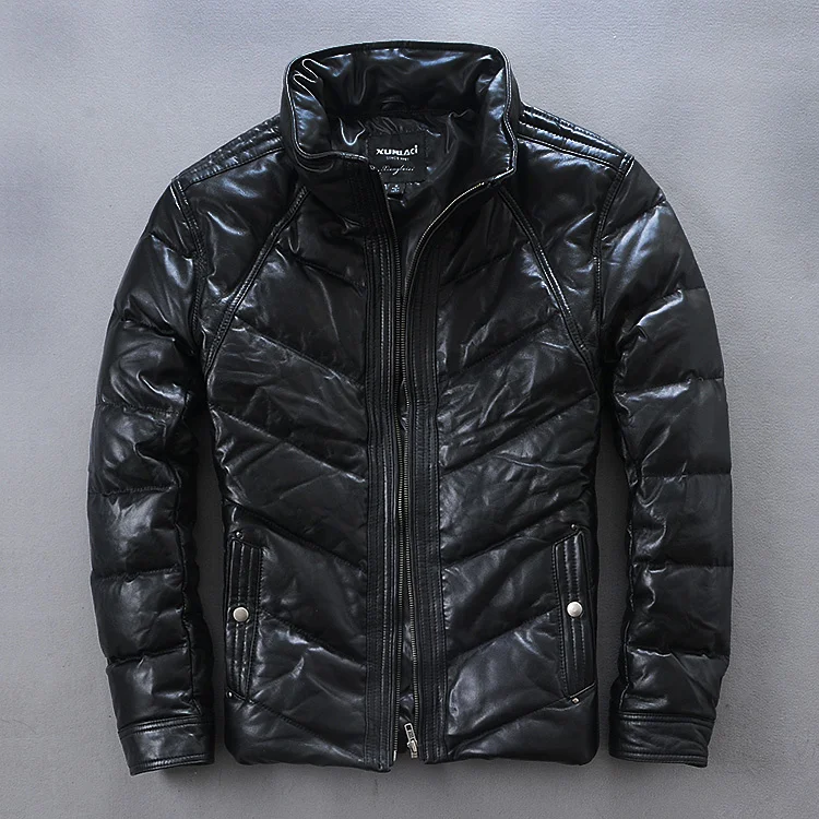 

Мужской зимний пуховик из натуральной кожи, черный приталенный пуховик из овечьей шкуры, повседневная одежда, 2022