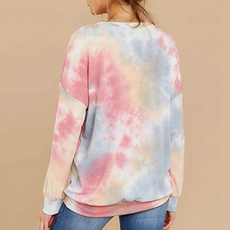 

New Womens Hoodies Multicolor Casual Long Sleeve Round Collar Sweatshirt Loose Tie Dyeing Printed Tops