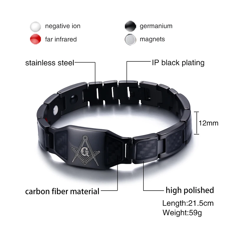 

Masonic Black Magnetic Bracelet Men Stainless Steel Hand Chain ID Bracelets Carbon Fiber Magnetic Health Energy Bracelet for Men