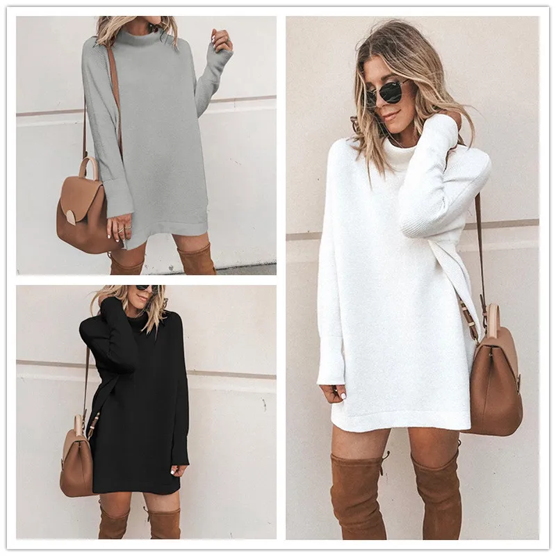 Популярное модное однотонное женское простое платье с длинным рукавом и круглым