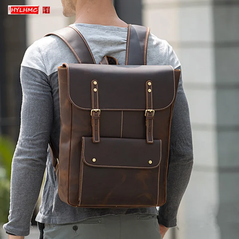 

New Retro Leather Men's Backpack Large Capacity 17 inch Laptop bag leisure Travel Backpacks Crazy Horse Leather Shoulder Bags