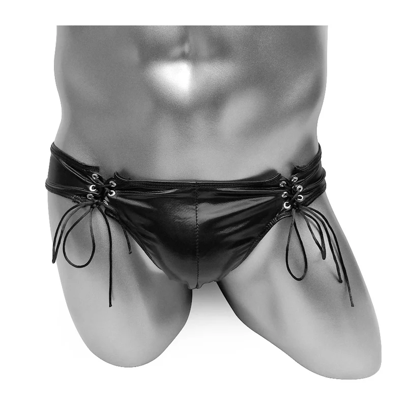 

Shiny Black Men Sexy Underwear Faux Leather Briefs Clubwear Lace-Up Low Waist Pouch Erotic Lingerie Bandage Panties Male