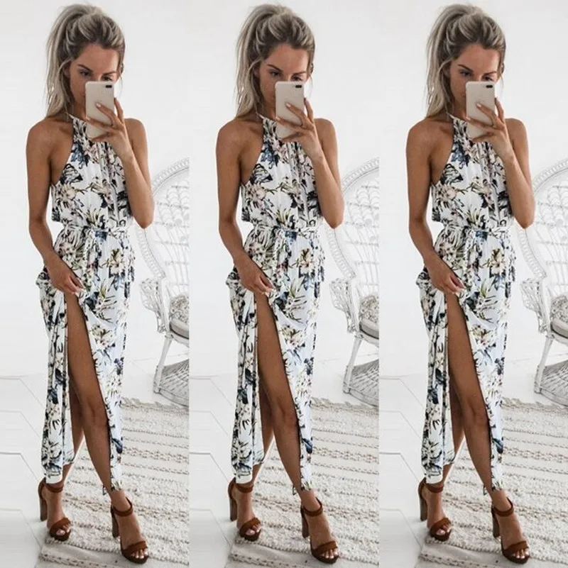 Женское праздничное платье макси без рукавов длинное пляжное белое с разрезом и