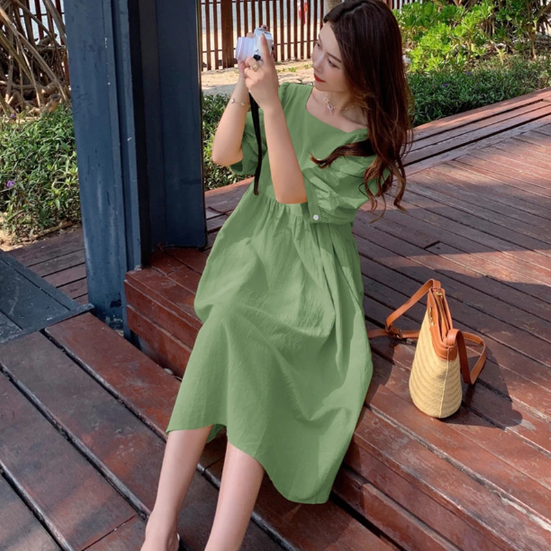 

Puff Sleeve Cotton Linen Vintage Summer Dresses Women Long Casual Korean Fashion Beach Dress Elegant Ladies Clothes 2021