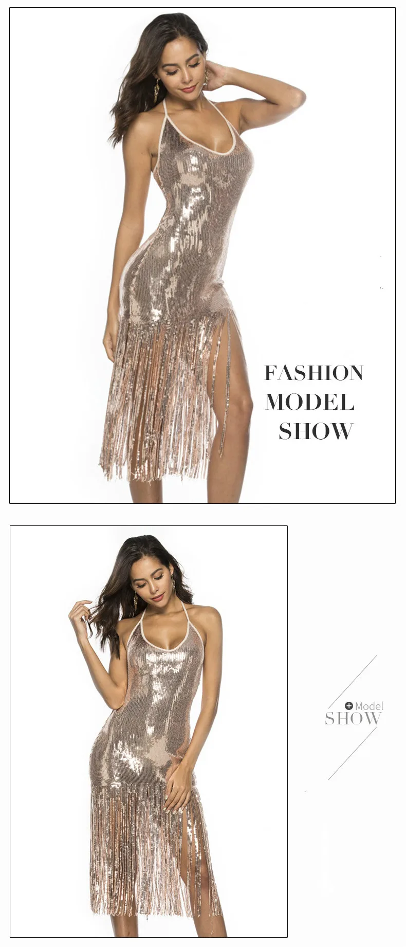 KAUNISSINA Sequin Tassel Cocktail Dresses Sexy Club Wear Party Dress Halter Strap Backless Party Gown Cocktail Dress