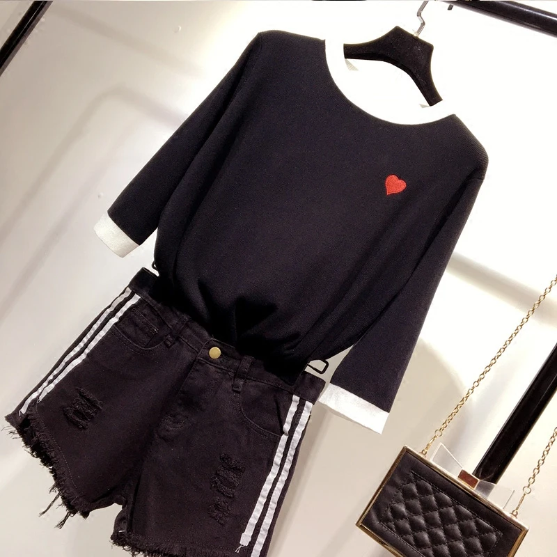 GIGOGOU Half Sleeve Sweater Women Pullovers Spring Autumn Knitted Jumper Tops Embroidery Heartshape Jersey Mujer Pull Femme Hive | Женская