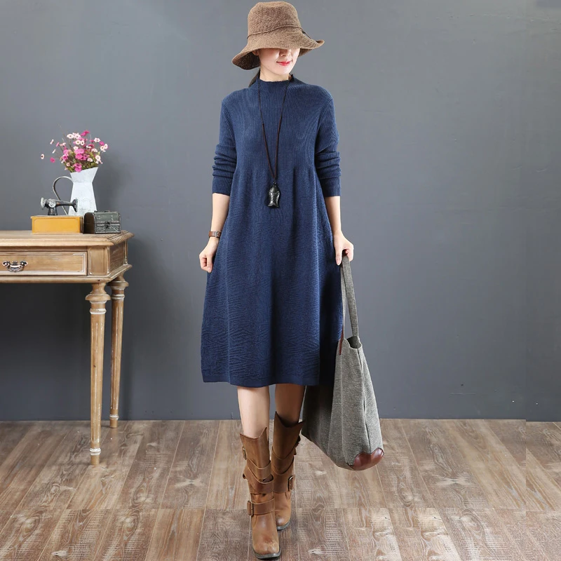 Трикотажное платье-свитер Хлопковый пуловер с высоким воротом и длинным рукавом