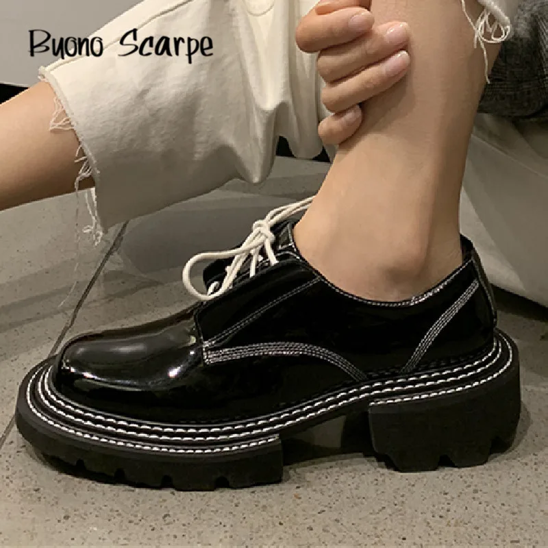 

Thick Bottom Women Chunky Shoes Casual Leather Black Shoes Sewing Brogue Ladies Flats Laces Punk Chaussures Street Gothic Shoes