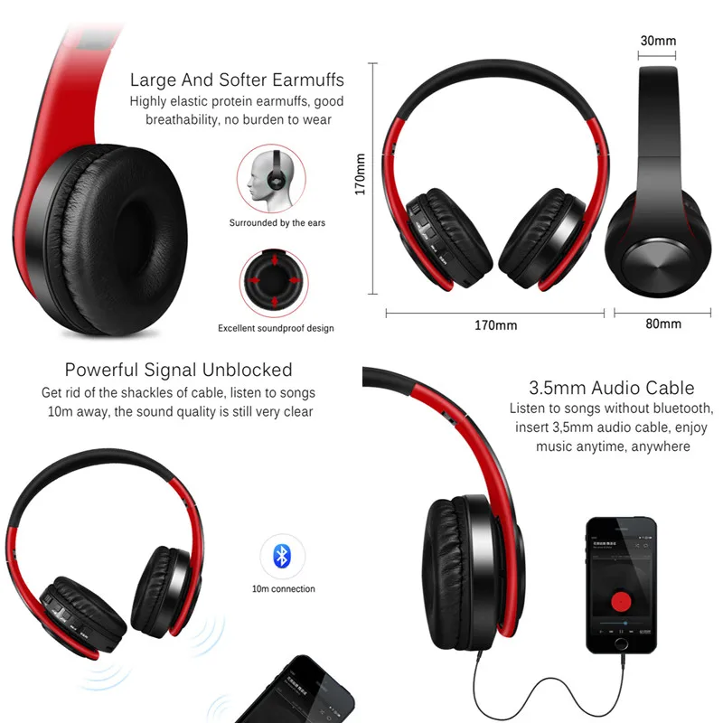 stereo wireless headset with mic foldable bluetooth headphone with 3 5mm audio jack hd microphone plug in card handfree earphone free global shipping