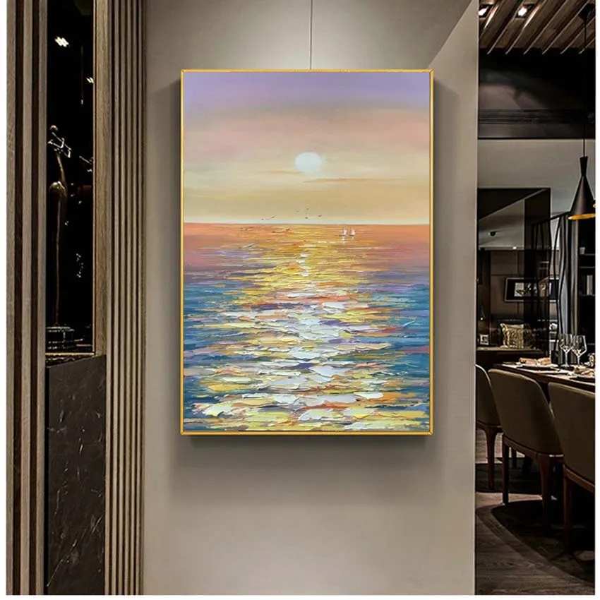 

Beautiful picture Sunrise scenery on the sea artwork Handmade acrylic oil painting on canvas wall art poster for hotel entrance