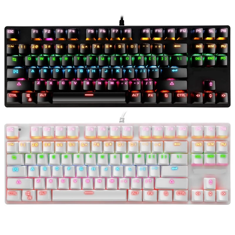 

87-Key Full-Backlit Mixed Light Colorful Home Office USB Mechanical Green Axis Gaming Keyboard with Axis Puller