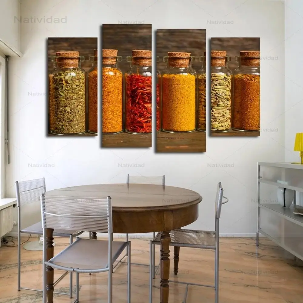

4 Pieces Frameless Canvas Painting Spice and Glass Bottle Modular Wall Art Pictures Hd Printing Modern Home Decor for Kitchen