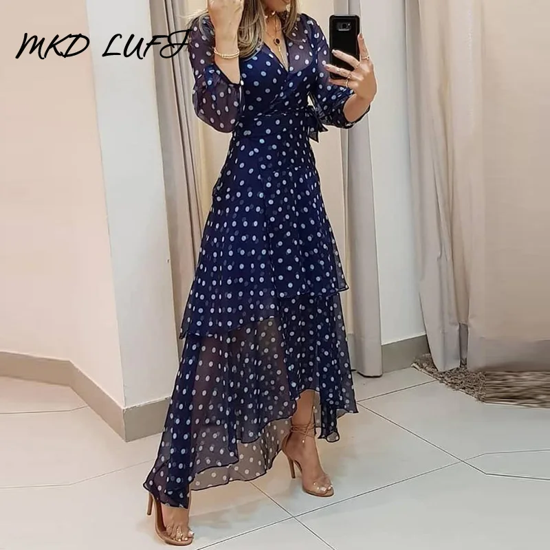 Платье макси с многослойной оборкой и принтом Polkadot|Женские платья| |