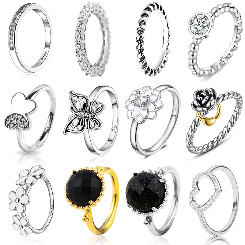 

Classic Silver Color Rings With Flower Butterfly Hollow Love Crystal Wedding & Party Ring For Women Jewelry