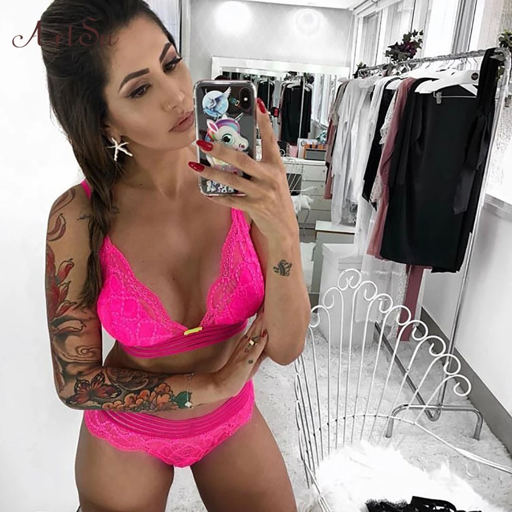 ArtSu Neon Green Lace нижнее белье комплект части на завязках сексуальный бюстгальтер и