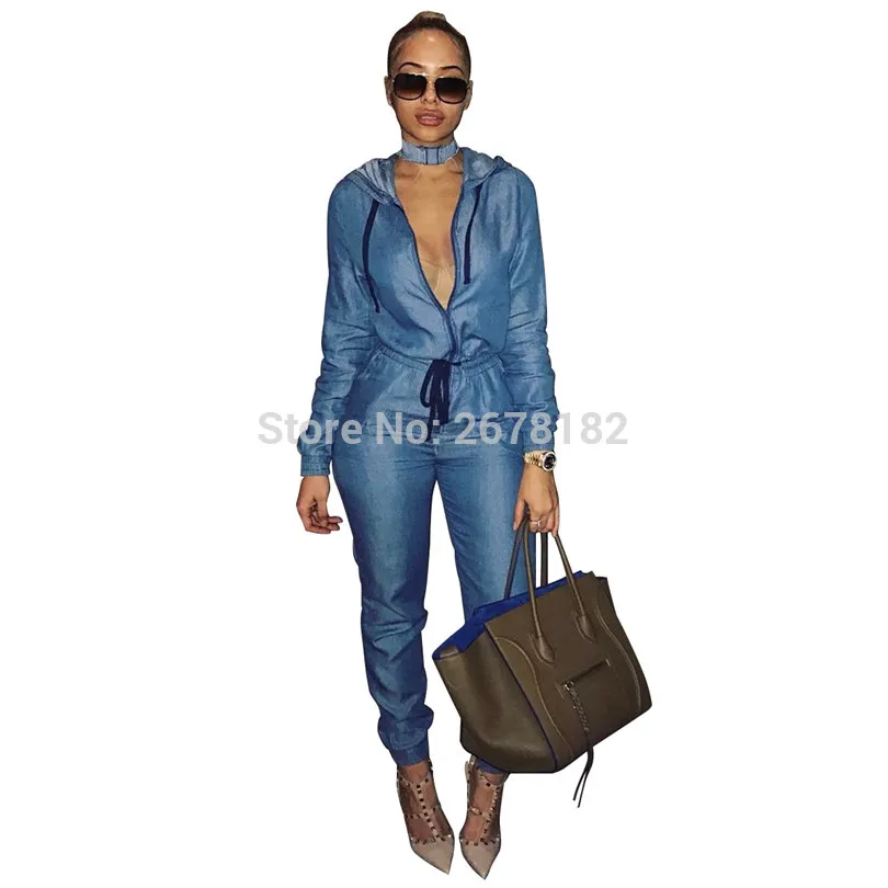 Женский джинсовый комбинезон с капюшоном на молнии завязками талии длинным