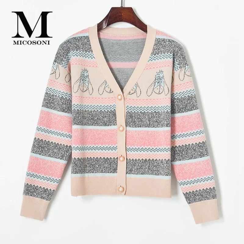 

Женский жаккардовый кардиган Micosoni, трикотажный кардиган в полоску с длинными рукавами и V-образным вырезом, с цветным принтом Ослика, весна ...
