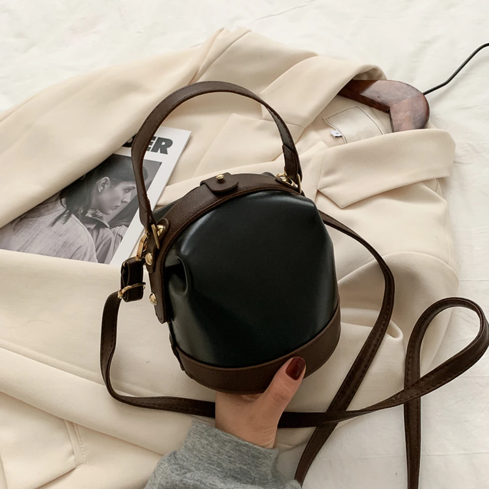 

Fashion PU Leather Bucket Bag Simple Women Pleated Shoulder Pouch Portable Hit Color Messenger Satchel Travel Top-handle Bags
