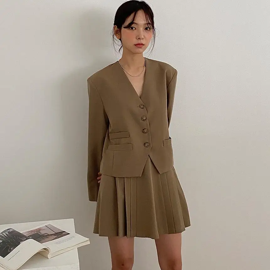 

Women's Spring Summer Sets Single Button Solid Blazer Pleated Skirt Suit Two Piece Fashion Skirt Sets