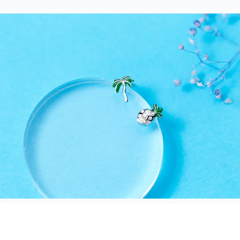 Серьги гвоздики Асимметричные из серебра 100% пробы с ананасами|Серьги-гвоздики| |