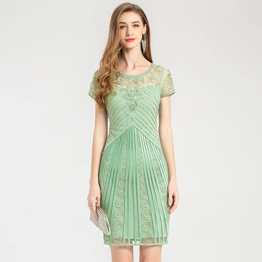 

Top Quality New 2020 Summer Bodycon Women O-Neck Sexy Sheer Mesh Patchwork Short Sleeve Red Green Pink Embroidery Dress