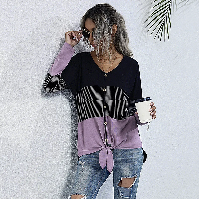 

Women's Long Sleeve Pullover V-neck Stitching T-shirt Inner Bottoming Shirt Fall Fashion 2021 Ladies Sexy Tops Gothic Clothes