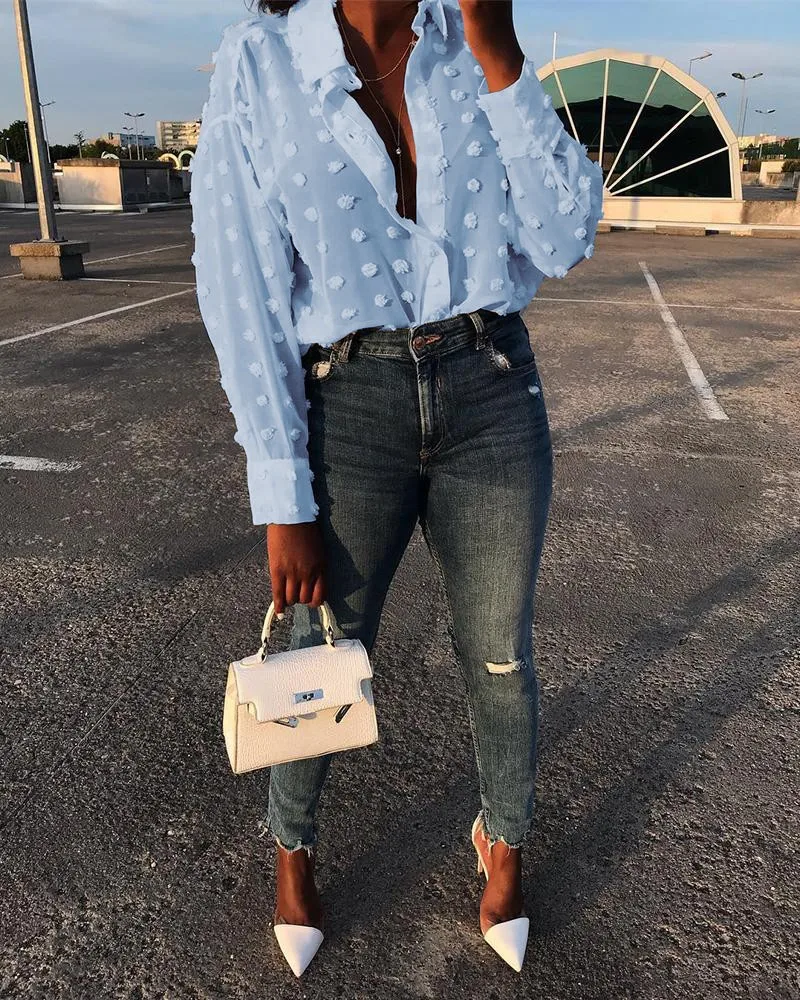 Новинка Женская Осенняя белая/Синяя Прозрачная сетчатая блузка в горошек