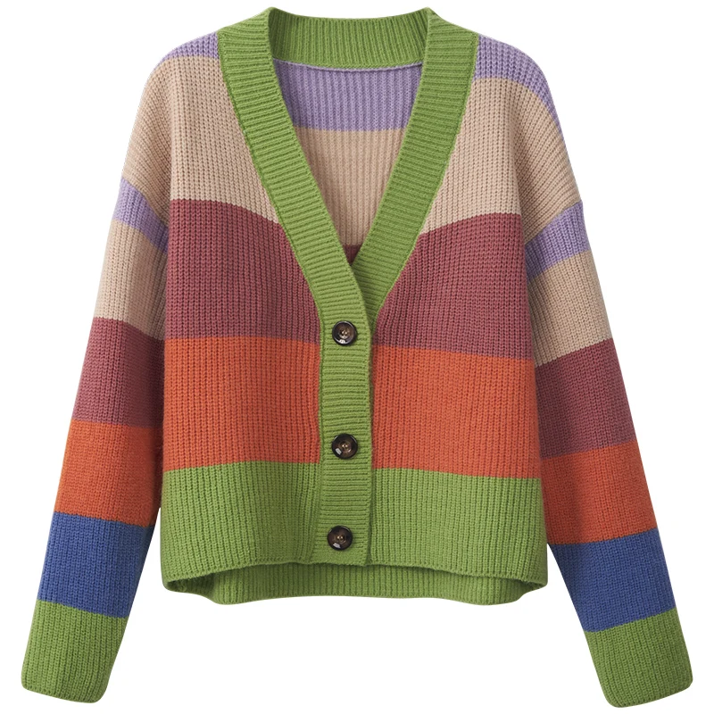 

Spring New Women's Tops All-match T-shirts V-neck Color-blocking Sweaters Short Cardigan Jackets Sweaters DK1024
