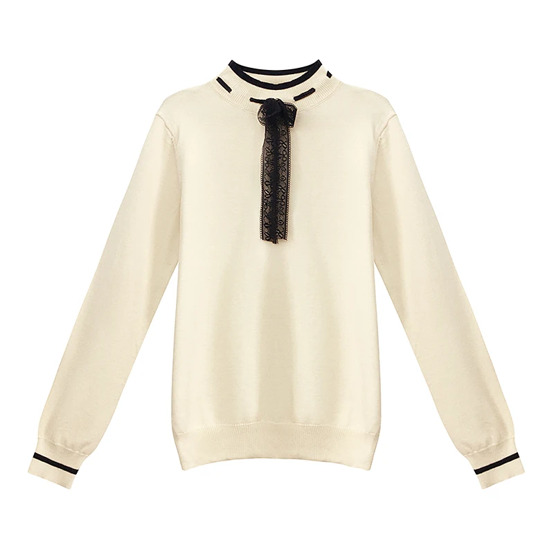 

Half high neck sweater women's 2020 winter new Pullover Top temperament versatile lace bow bottomed sweater