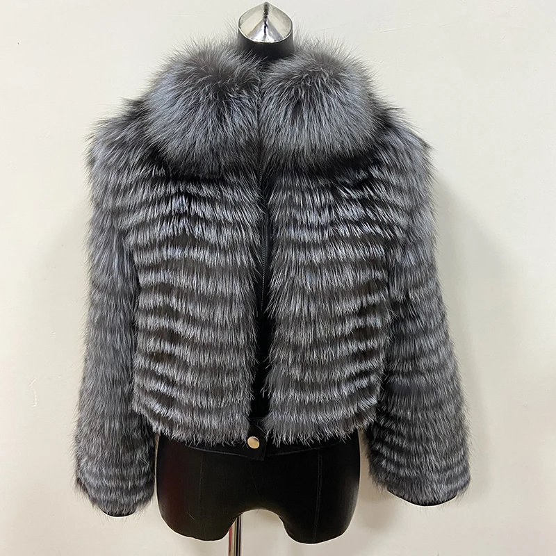Silver Fox 2022 Короткий Верхняя Одежда Пальто В Полоску С Натуральной Кожей Мехом