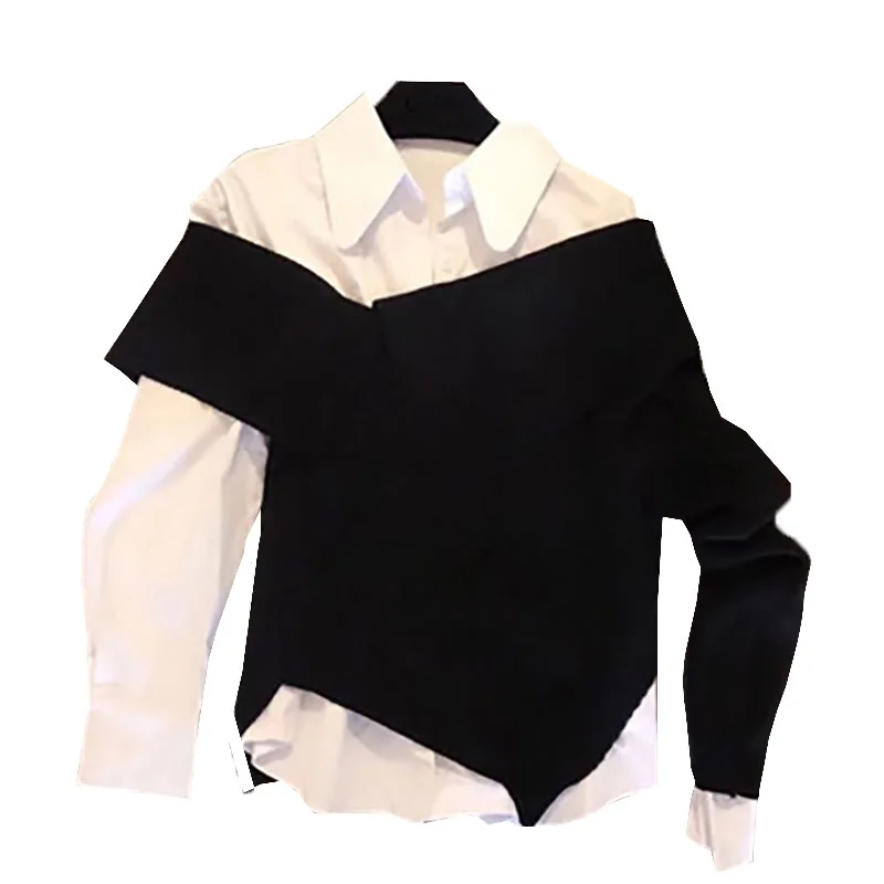 

LANMREM 2021 New Spring And Summer Korean Styles Girl's Clothing Turn-down Collar Full Sleeves Knitting Fake Two Sweatshirt