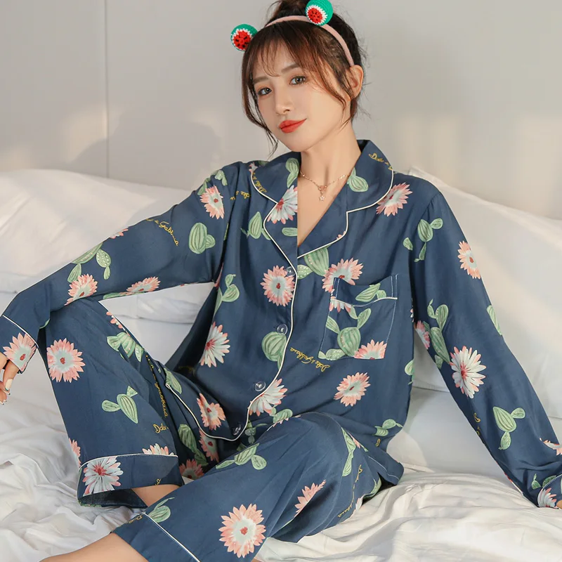 

Пижама Poppin Женская на весну и осень, домашняя одежда из искусственного хлопка с японским цветком, милая верхняя одежда, хлопковая шелковая о...