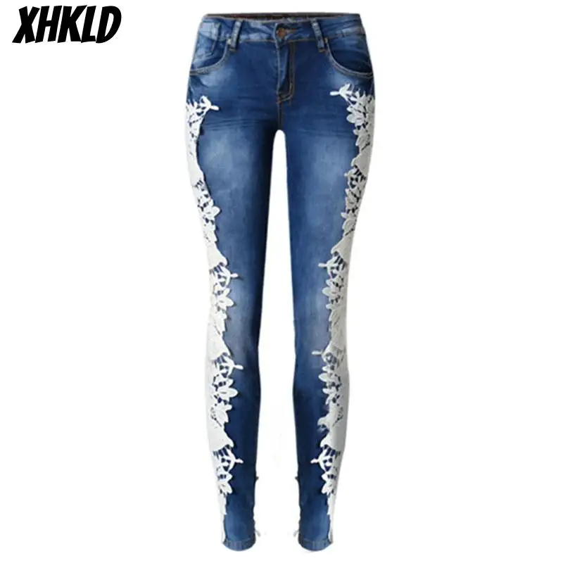 Женские Модные кружевные джинсы с вырезами обтягивающие женские узкие брюки