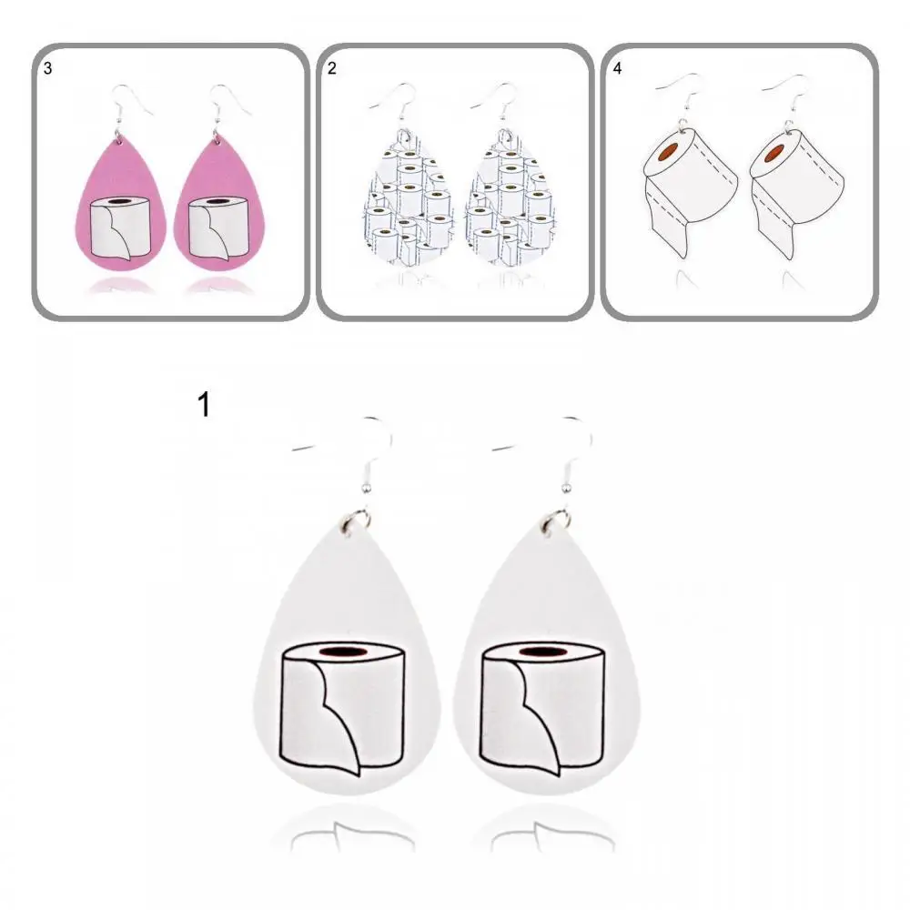 Women Cartoon Paper Roll Faux Leather Waterdrop Dangle Ear Hook Earrings Jewelry