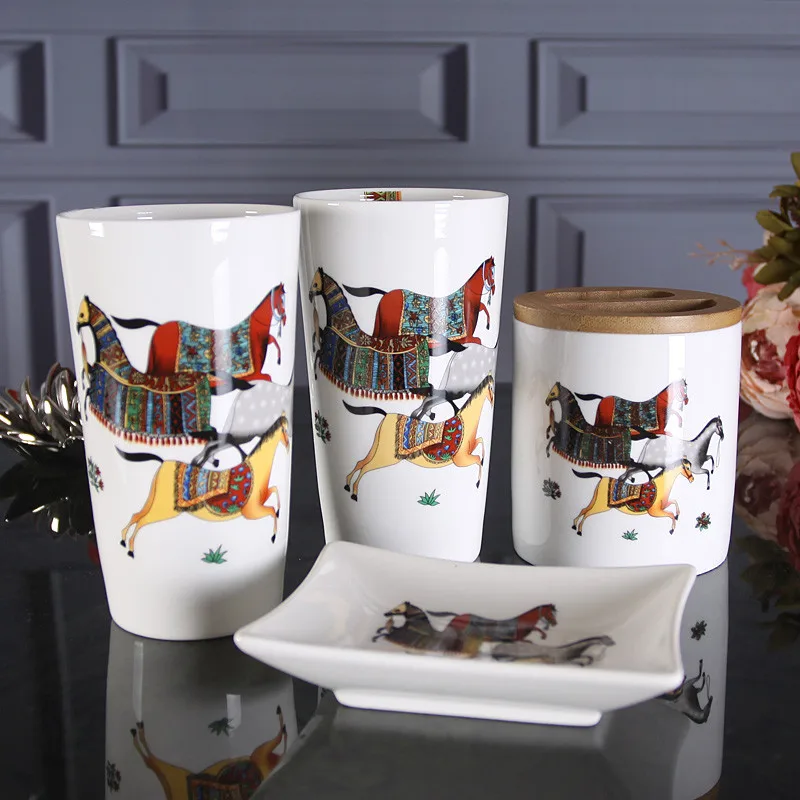 bathroom accessories set ceramic soap dispenser toothbrush holder gargle cup dish with bamboo tray wedding birthday gifts free global shipping