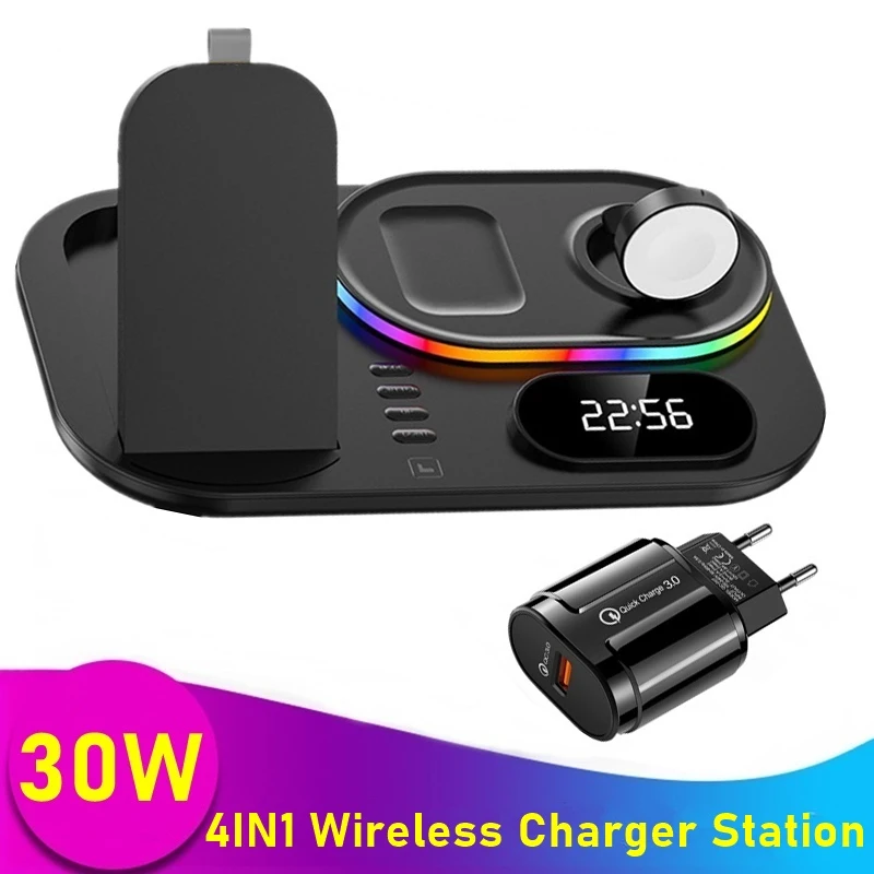 

Беспроводное зарядное устройство 4 в 1 для iPhone 13, 12, 11 Pro Max, XS, XR Max, многофункциональное быстрое зарядное устройство 30 Вт для Apple Watch Airpods Pro