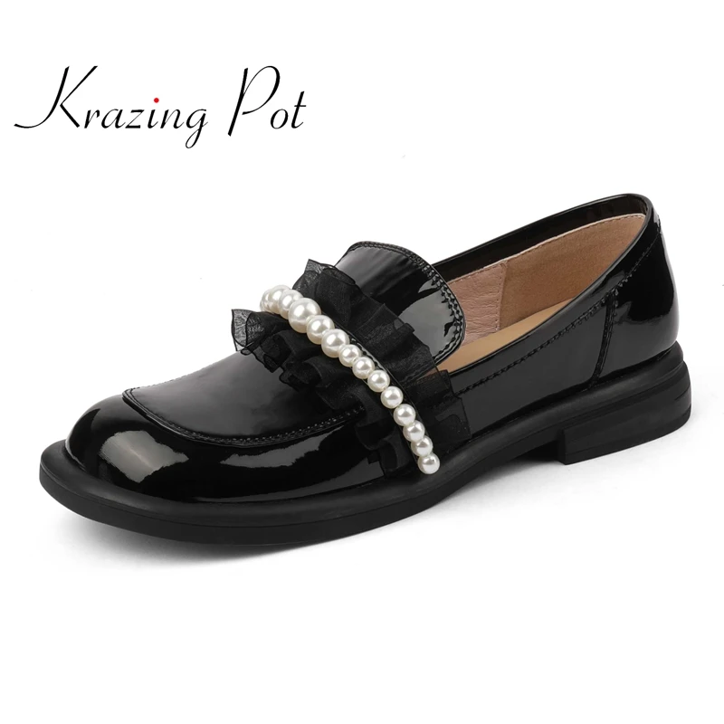 

Krazing Pot cow patent leather round toe low heel loafers pearl decorations beauty girls dating slip on sweet women pumps L12