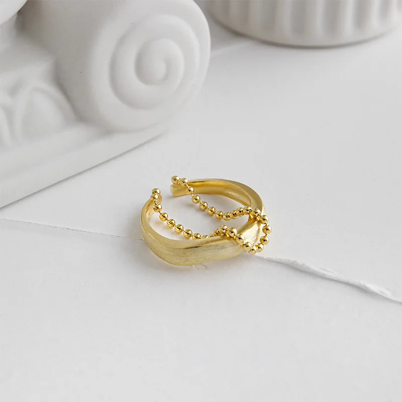 SHANICE Vintage 925 Sterling Silver Open Ring Gold Color INS bead chain double layer Thai Adjustable Rings For Women | Украшения и